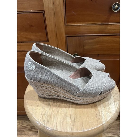 Tory Burch Metallic Silver Shimmer Canvas Espadrille Wedge Sz 9 - Picture 3 of 9